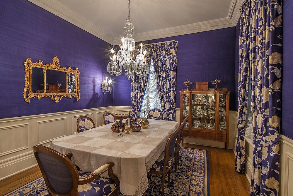 Lavish Victorian dining room in purple and gold