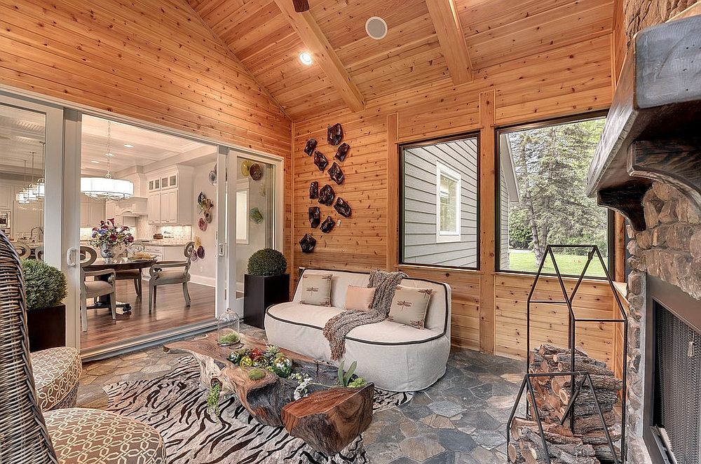 Live edge coffee table seems to almost blend into the rustic backdrop