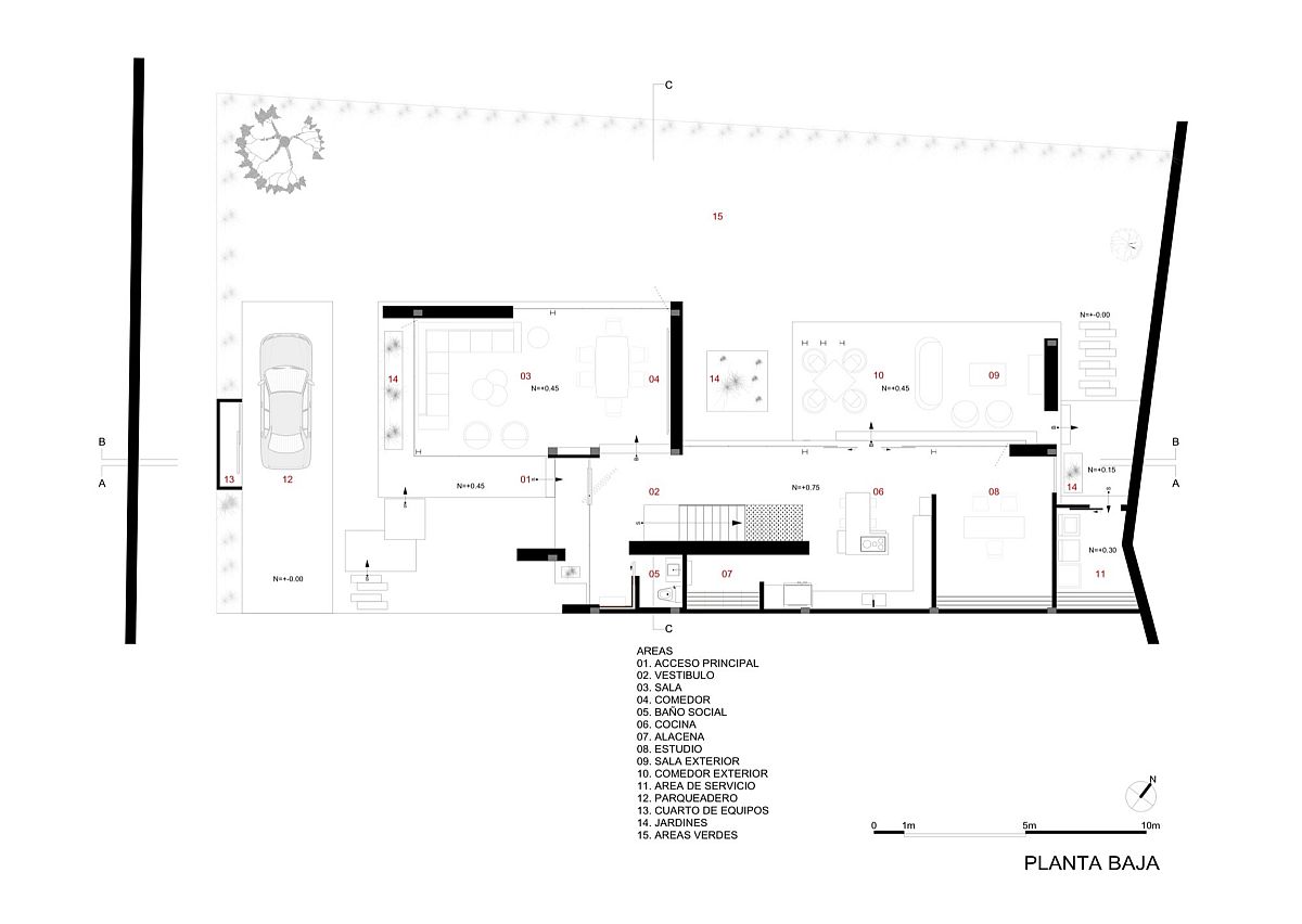 Lower level floor plan of contemporary home in Ecuador