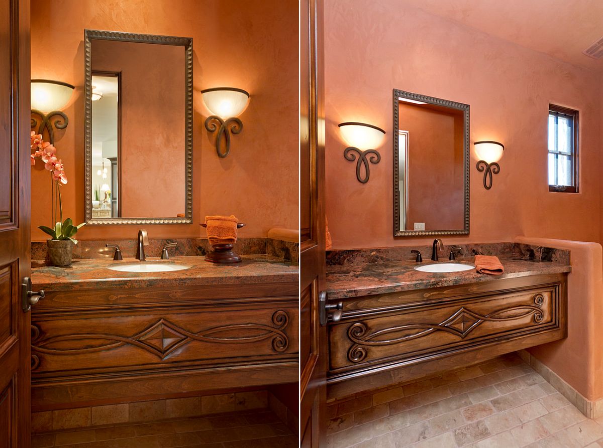 Mediterranean powder room in burnt orange [Design: LMK Interiors LLC]