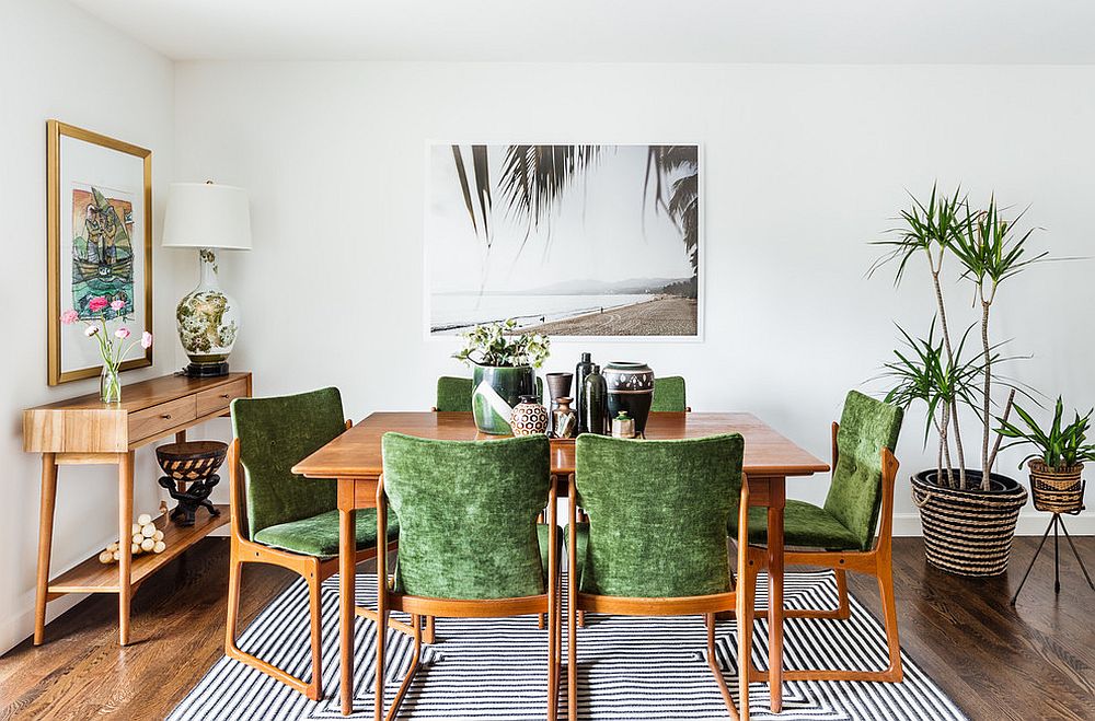 Mid-century and tropical styles rolled into one in the dining room