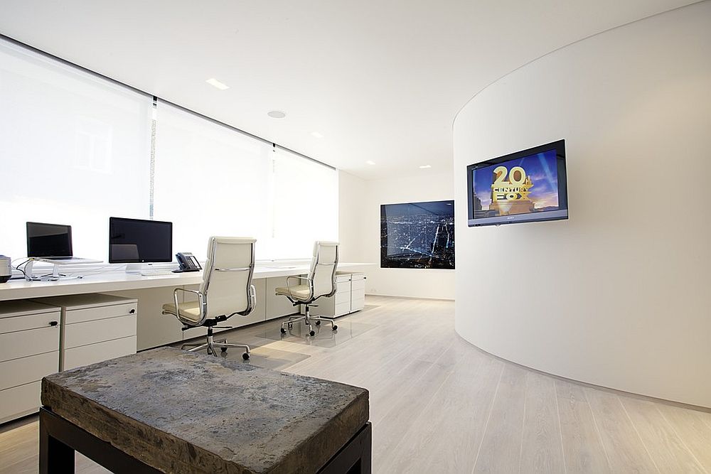 Modern home office in white with video conferencing facility [Design: Olive Audio Visual]