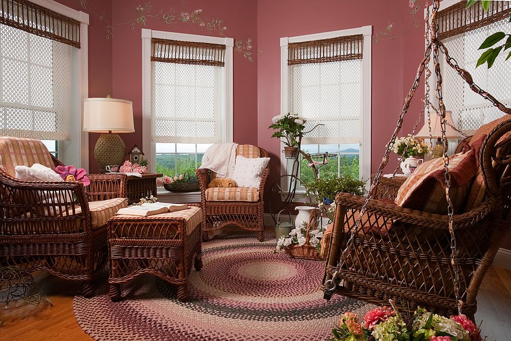 Octagonal sunroom full of color and beautiful blinds [Design: Vintage House Design]