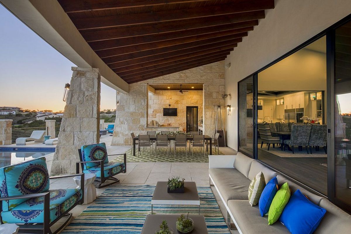 Outdoor living and dining at the sensational contemporary residence in Spanish Oaks neighborhood