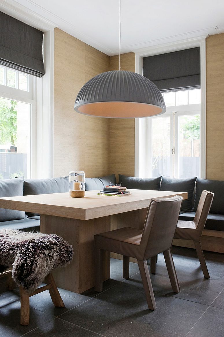 Oversized pendant in gray for the lovely banquette dining