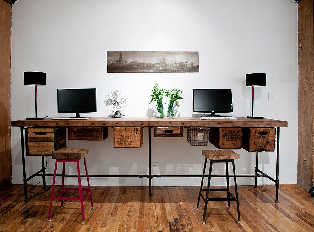 Pipes reclaimed wood and vintage crates used to create a lovely DIY work desk