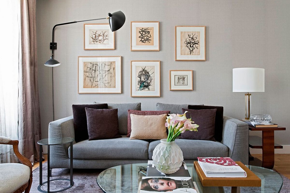 Plush gray couch in the living room of the Paris home