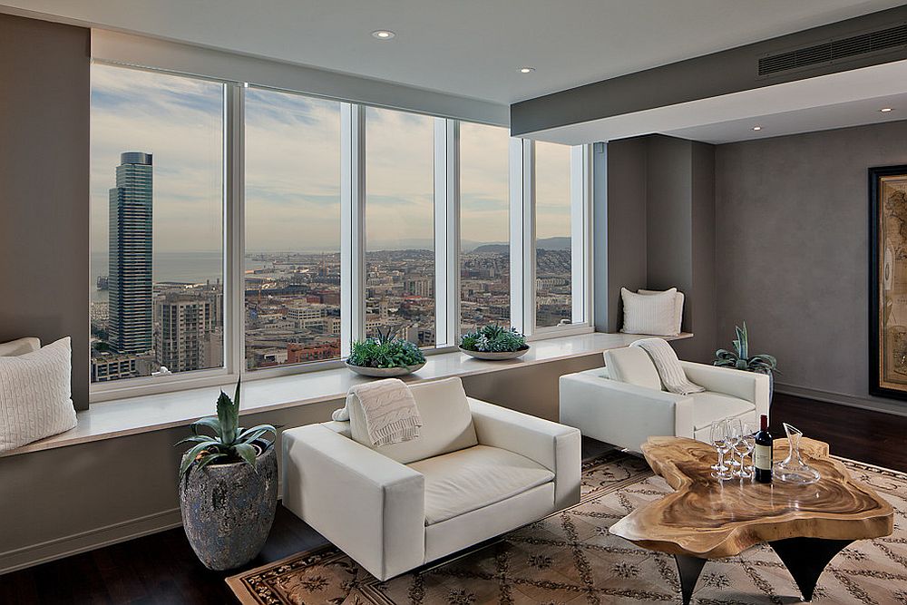 Posh contemporary living room with natural wood coffee table