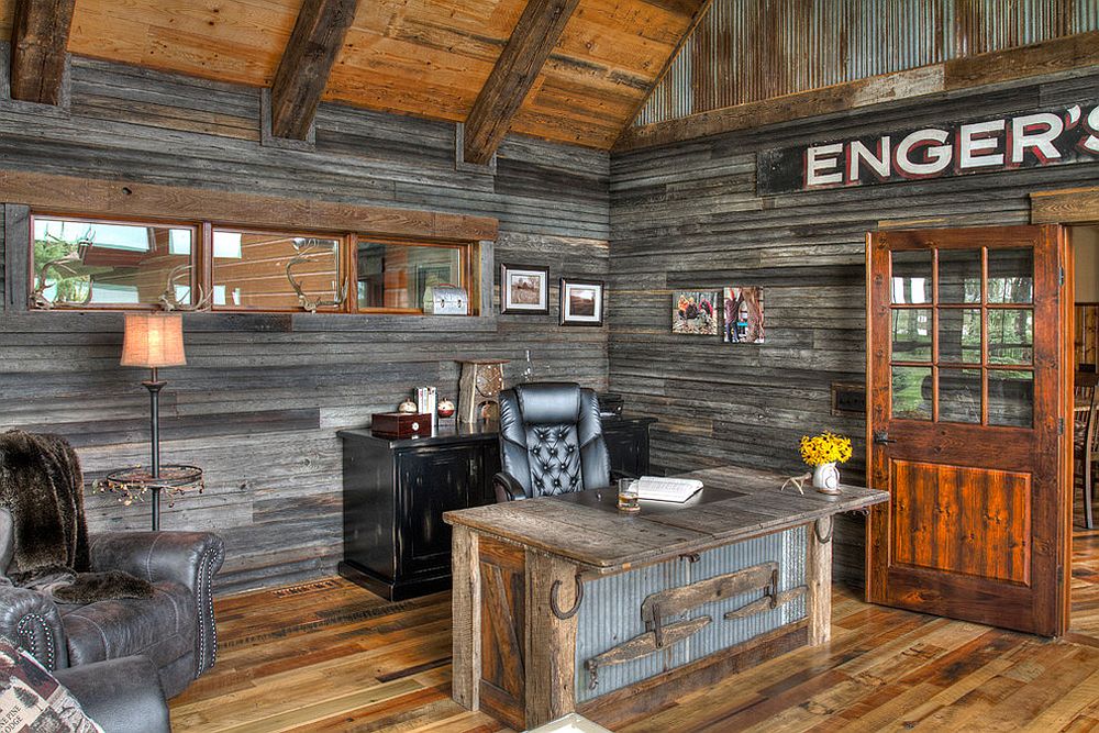 Reclaimed metal and wood combine effectively in the rustic home office