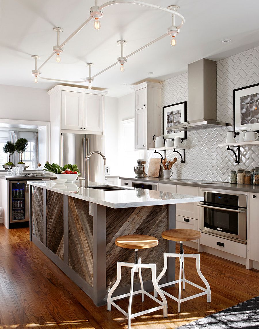 Reclaimed timber boards give the old kitchen island a new lease of life [From: Sarah Richardson Design / Stacey Brandford Photography]