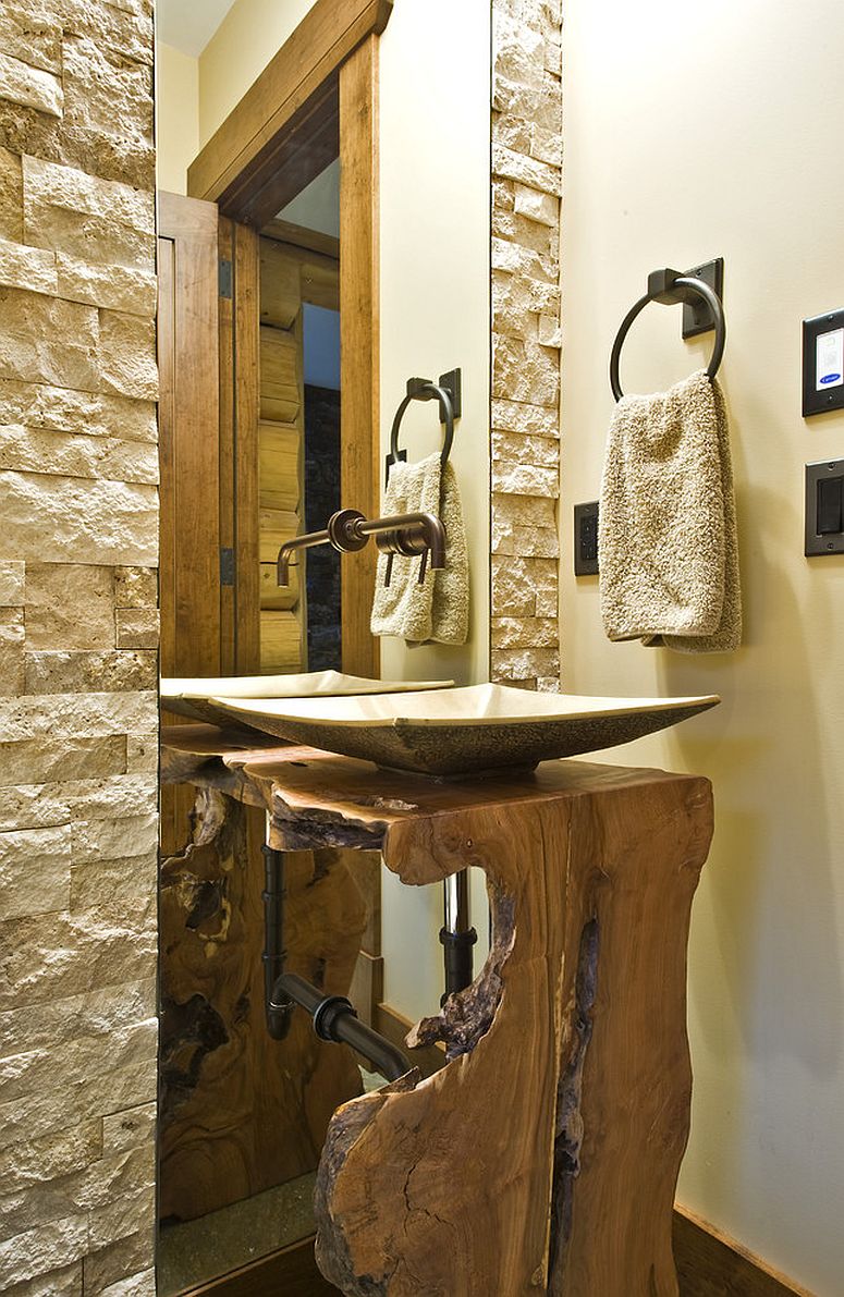 Reclaimed trees used to craft live edge vanity for the rustic bathroom