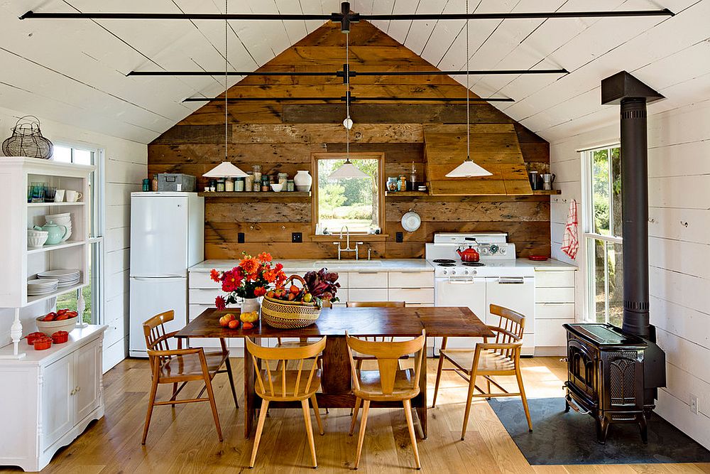 Reclaimed wood accent wall and hood for the small, stylish kitchen [Design: Jessica Helgerson Interior Design]