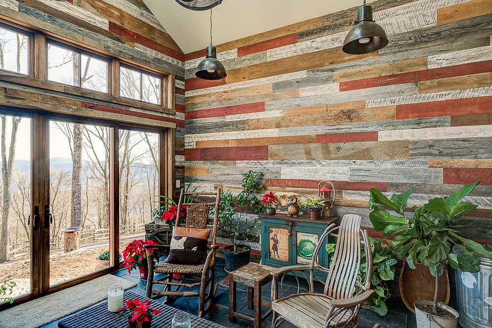 Reclaimed wood adorns the walls of this creative, rustic sunroom [Design: Appalachian Antique Hardwoods - Texas Division]