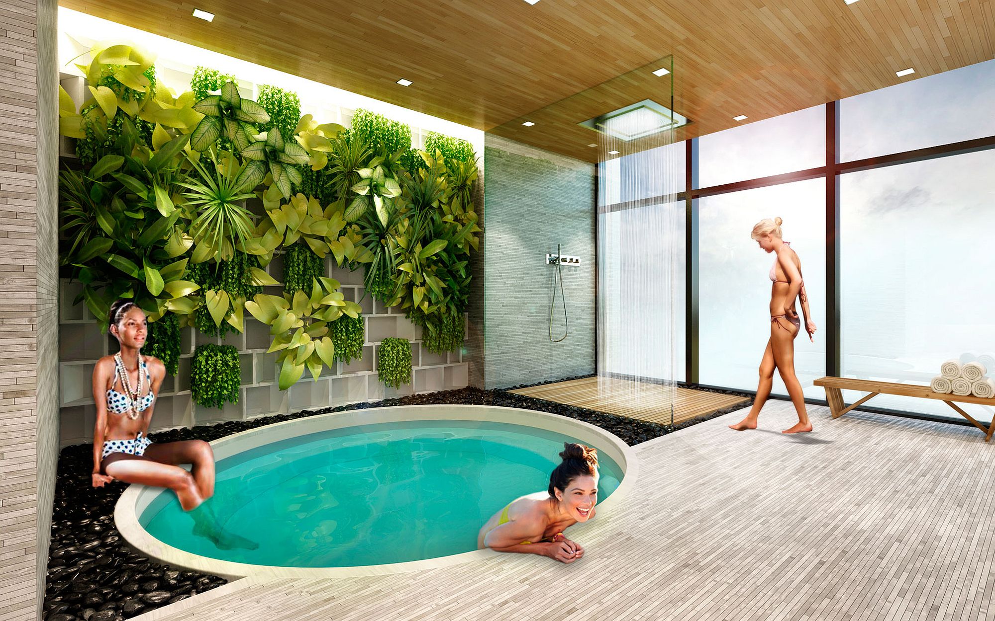 Rejuvinating spa set against a green backdrop at Brickell Heights