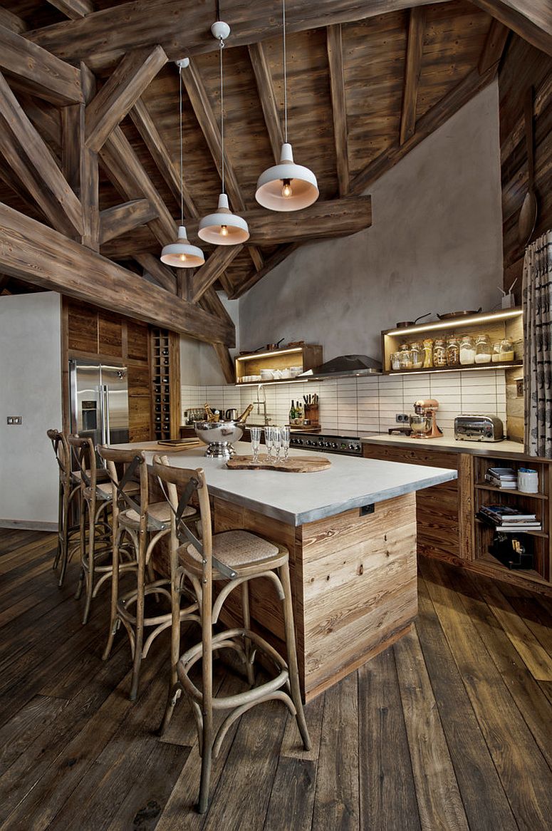 Rustic kitchen island draped in reclaimed wood