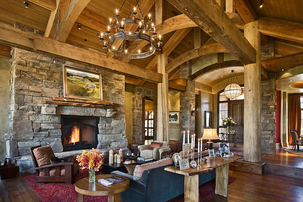 Rustic living room with fabulous live edge table behind the couch