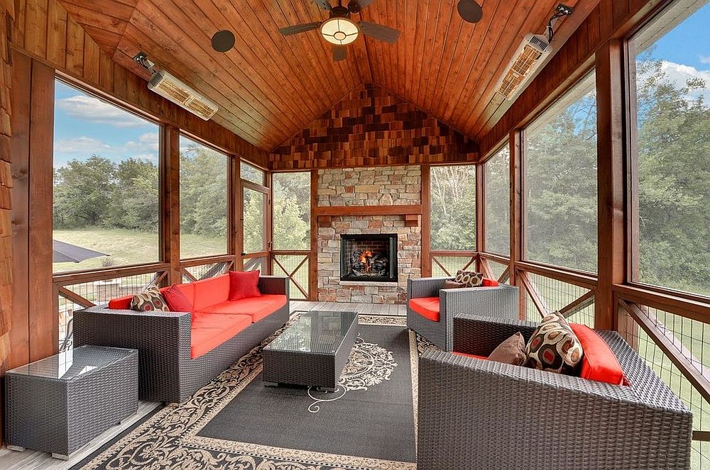 Rustic sunroom with a splash of red and gray