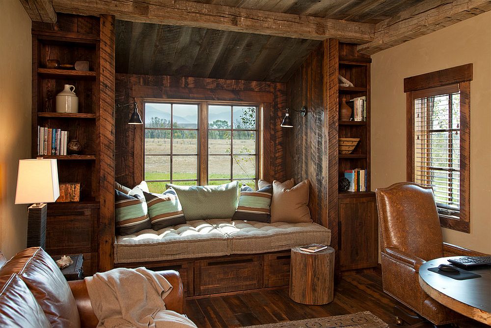 Rustic window seat crafted from reclaimed wood for the home office