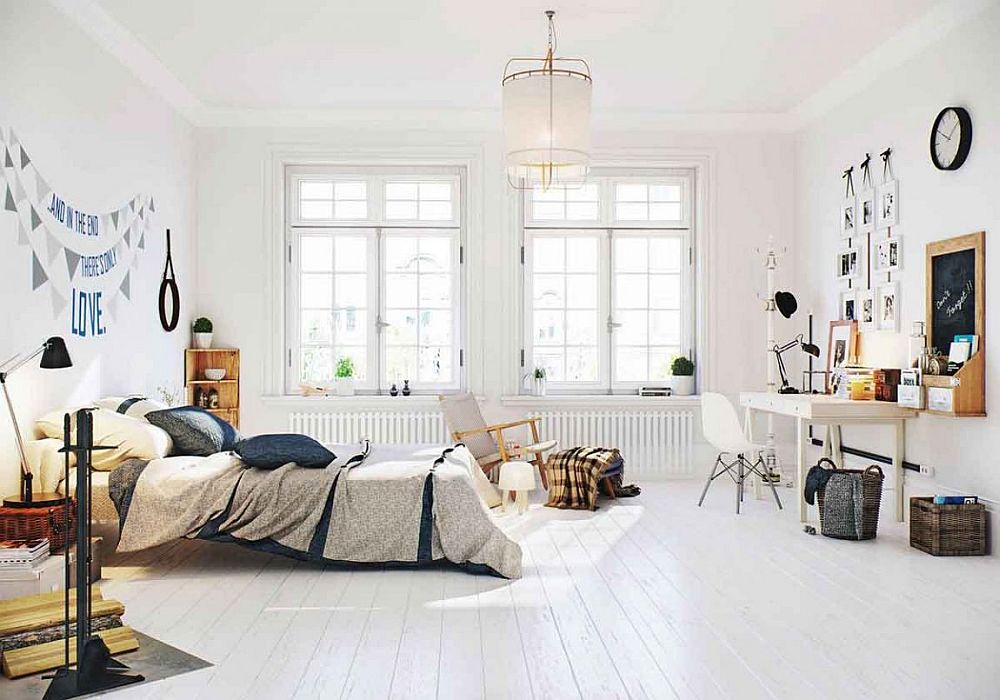 Scandinavian bedroom idea with small workstation