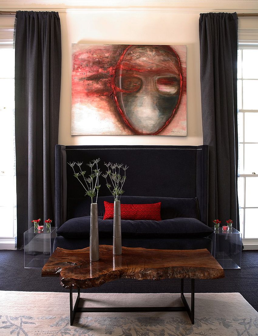 Sophisticated contemporary living room with a smart live-edge coffee table [Design: Dillard Pierce Design Associates]