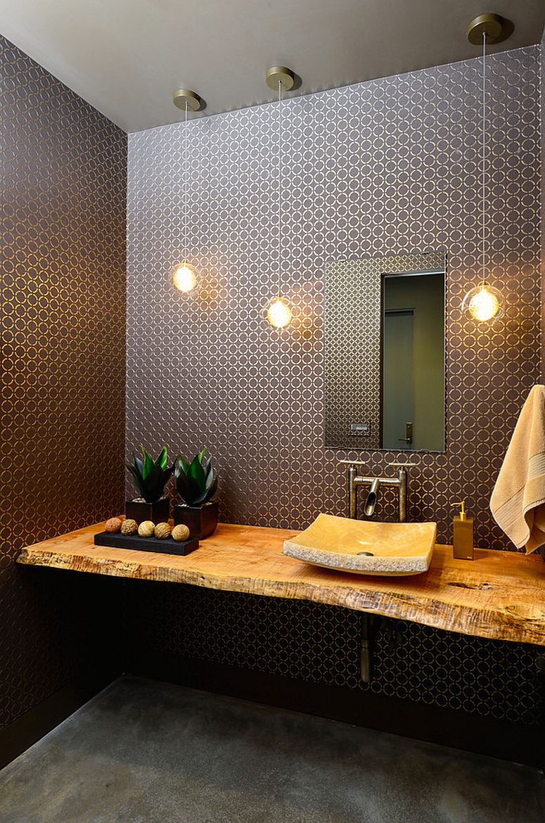 Sophisticated contemporary powder room with a live edge vanity [Design: Neal Huston & Associates]