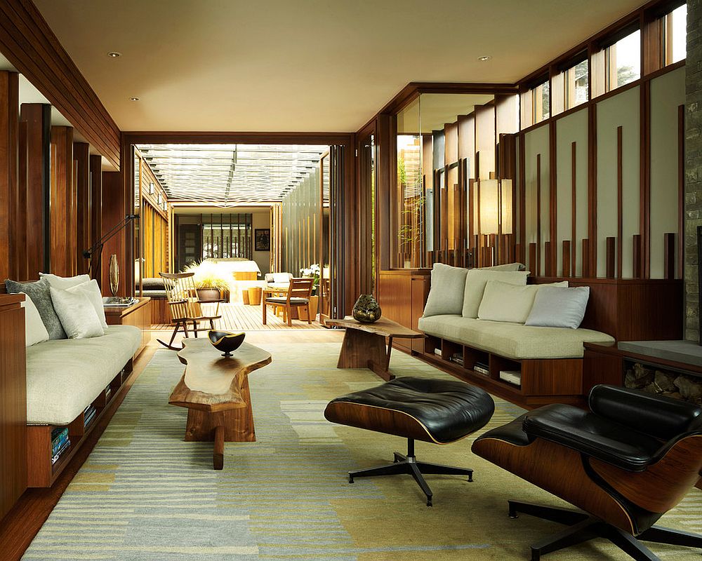 Spacious modern living room with two live edge coffee table [From: Dirk Denison Architects / David Matheson Photography]