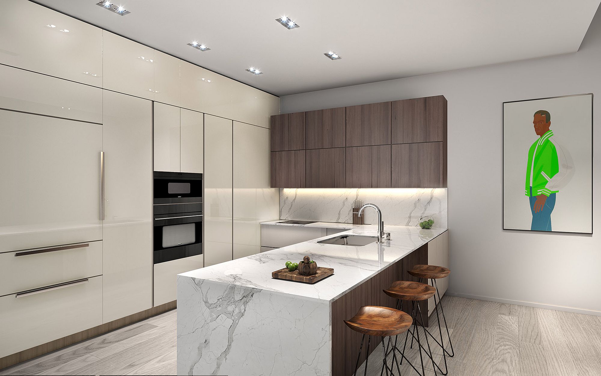 Sparkling contemporary kitchen in white with marble island
