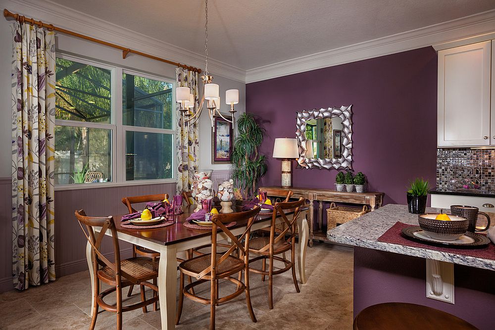 Striking tropical dining room in purple [Design: MP Studio Interiors]