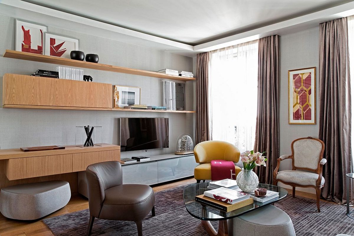 TV unit and media wall of the living room with floating wooden units