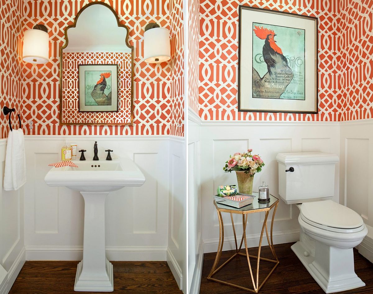 Traditional powder room in orange and white [Design: Laura Iverson Design]