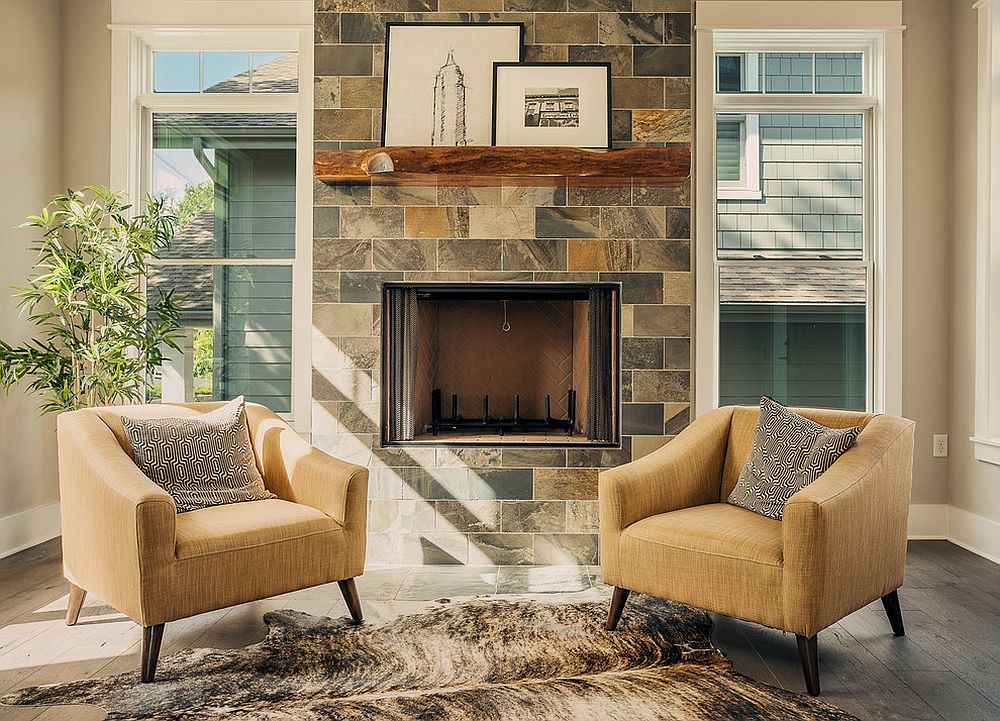 Transitional living room with a cool live-edge fireplace mantle [From: Austin Realty Photos]