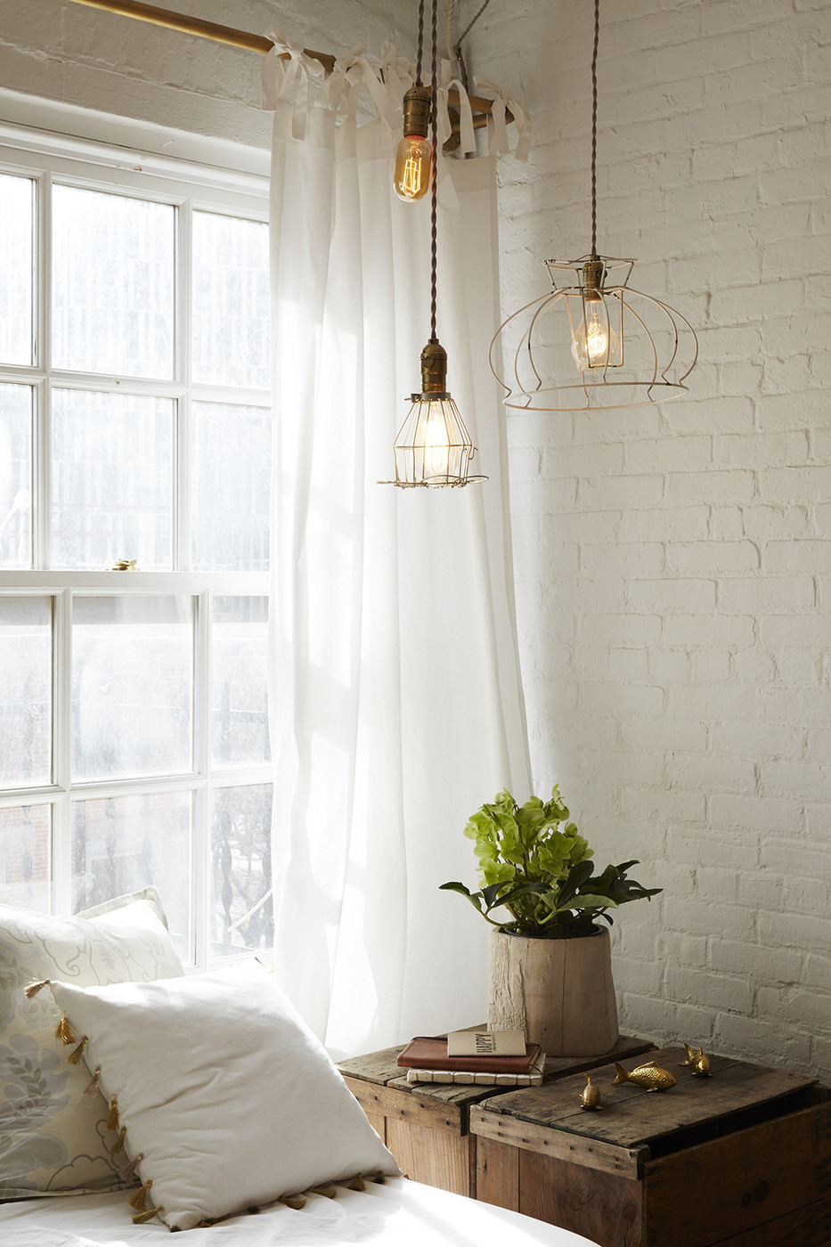 Trio of industrial pendants in the corner