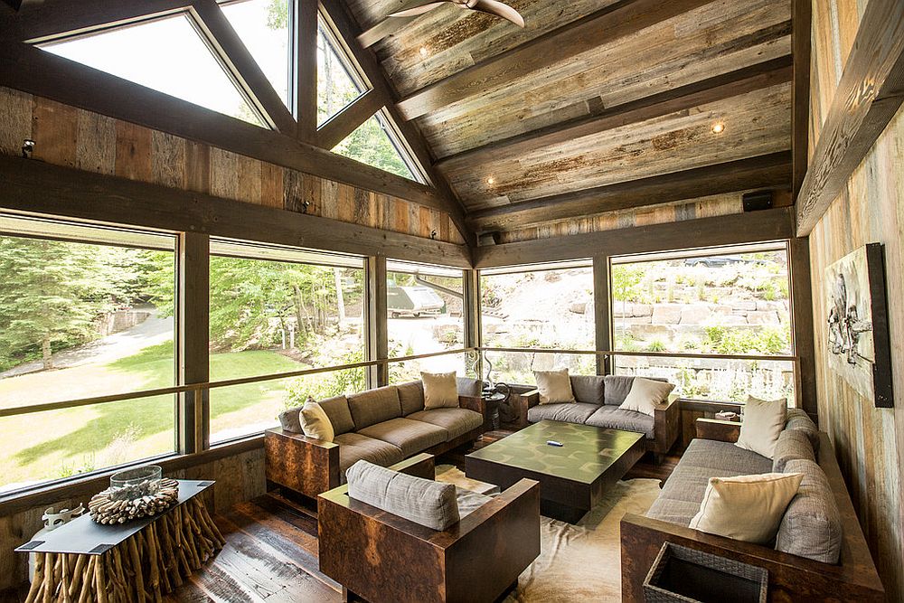 Unique coffee tables crafted from twigs steals the show in this rustic sunroom