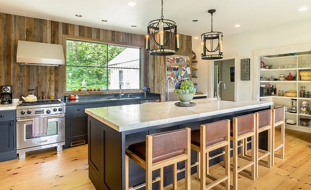 Walls of the farmhouse kitchen give old barn wood a new lease of life