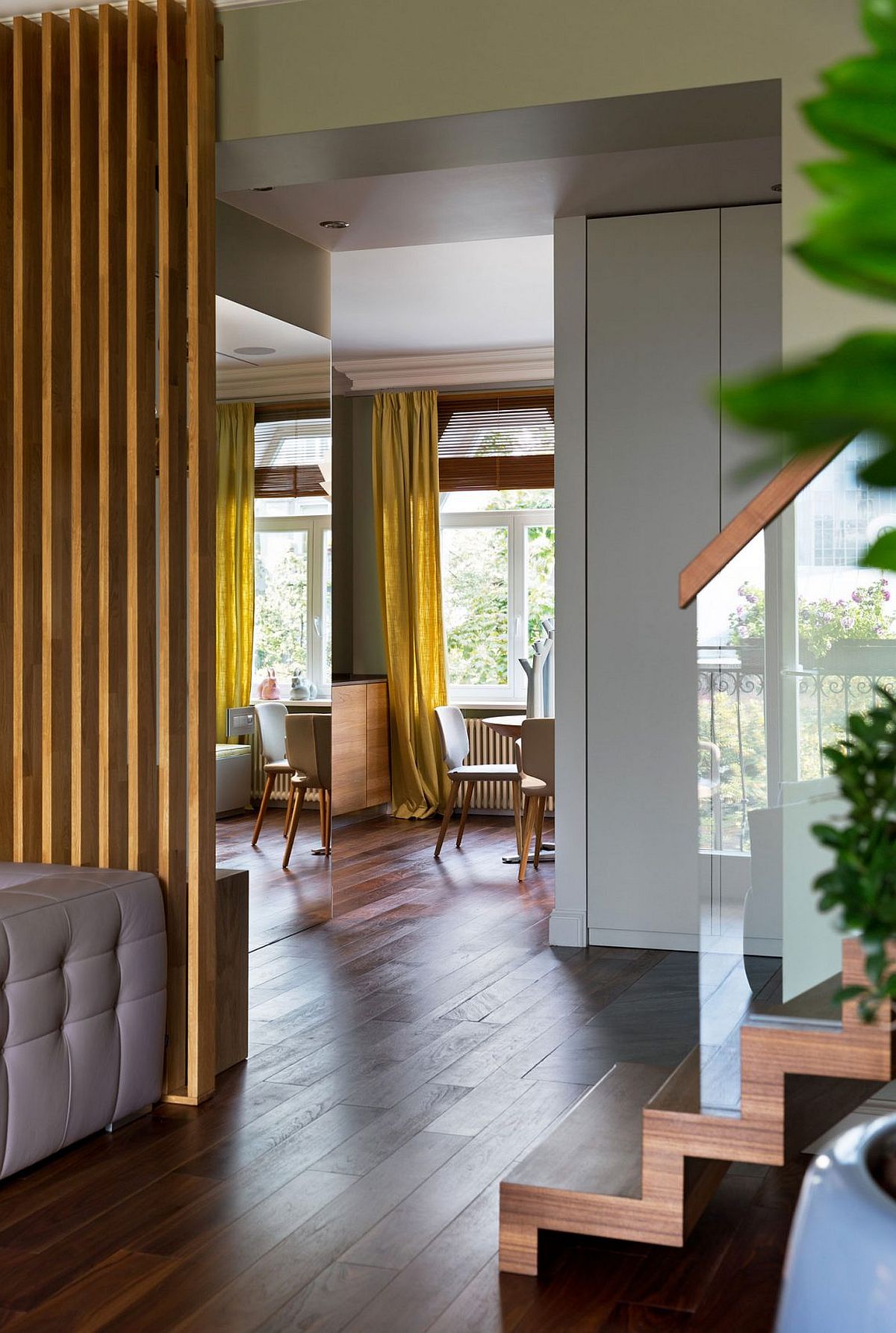 Walls of wooden slats used to delineate space inside the house