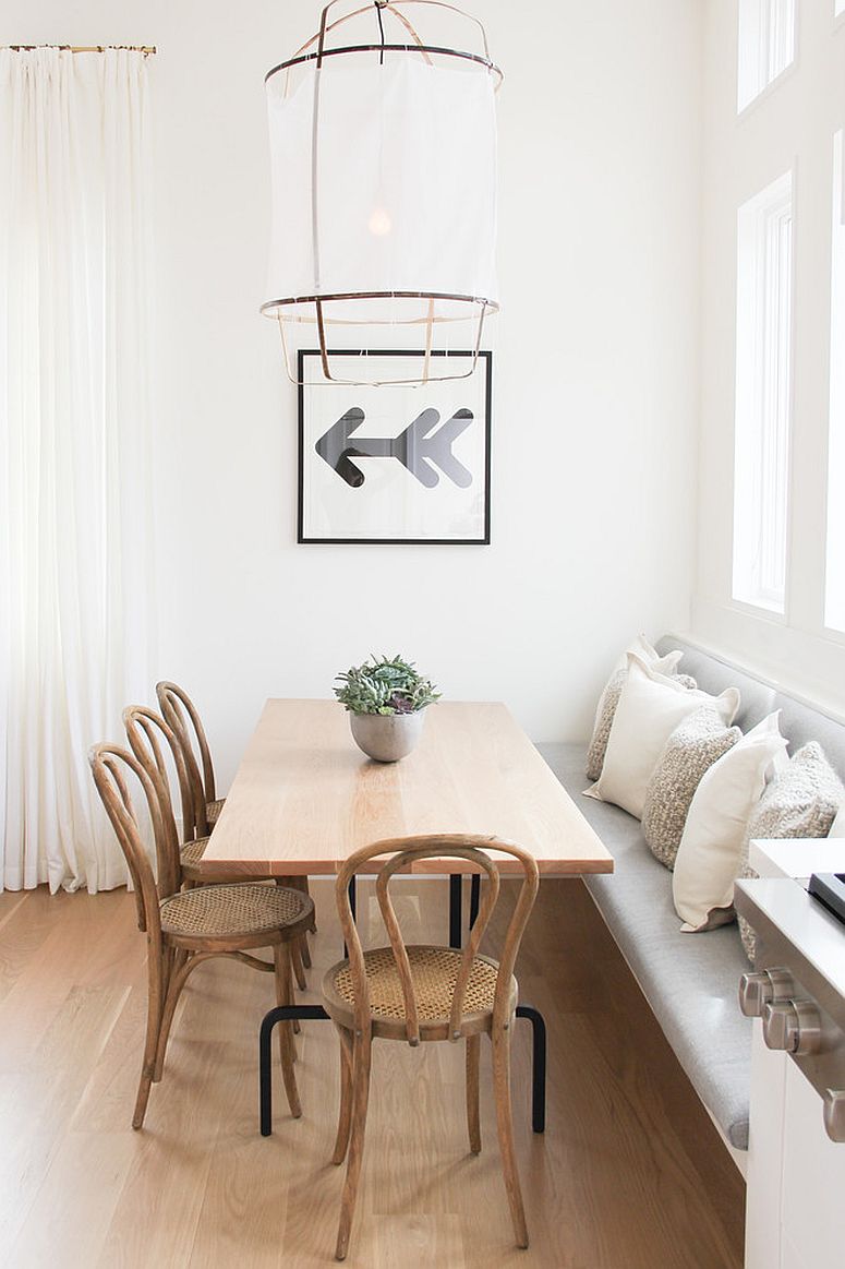 White coupled with warm wooden tones is the way to go for a smart Scandinavian style banquette