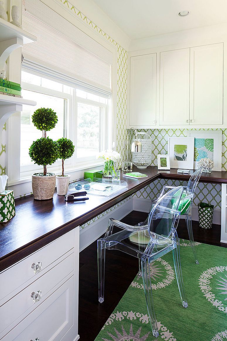 White home office filled with green accents [Design: Martha O'Hara Interiors / Troy Thies Photography]