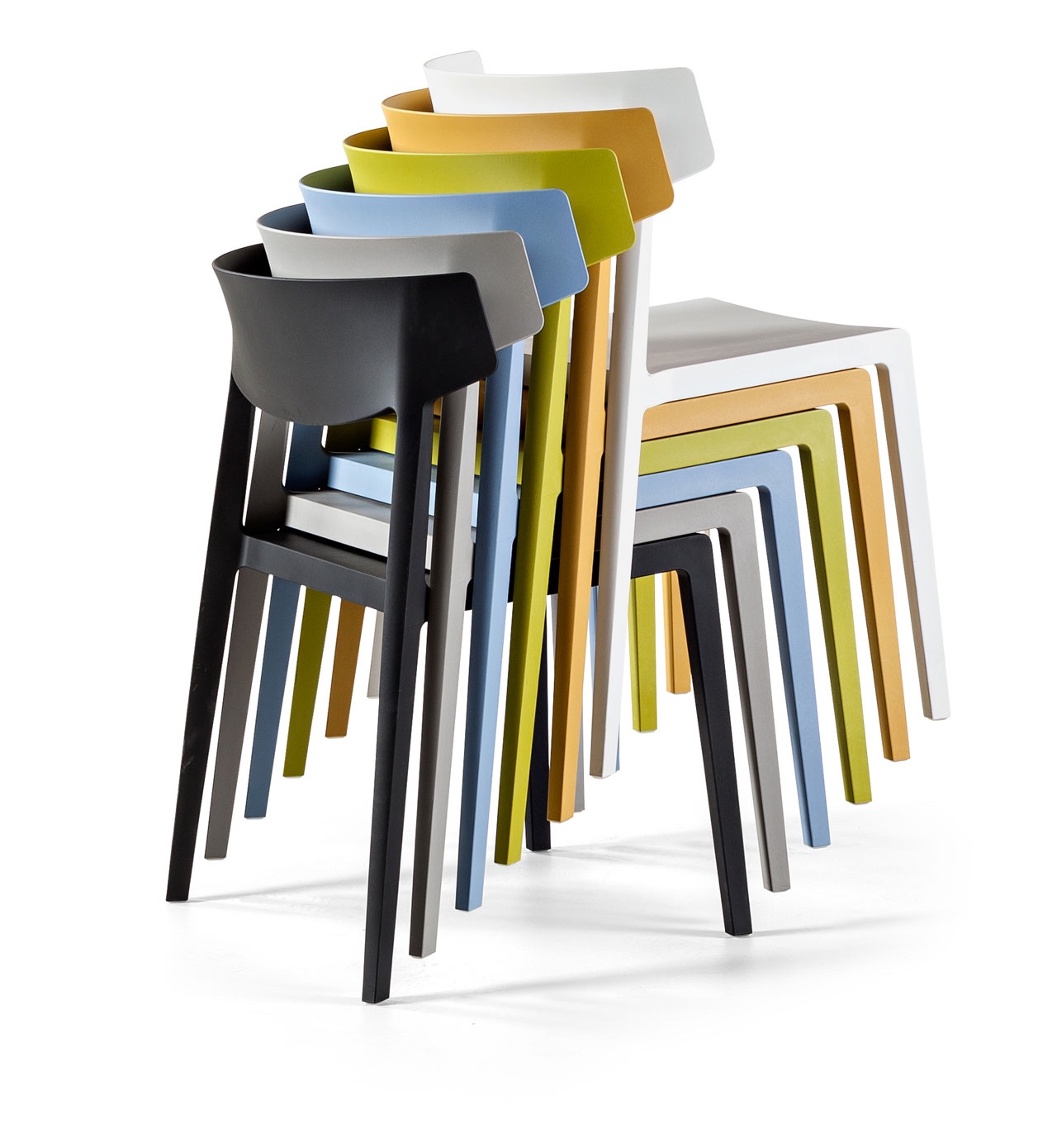 The stackable Wing chair was designed by Ramos & Bassols.