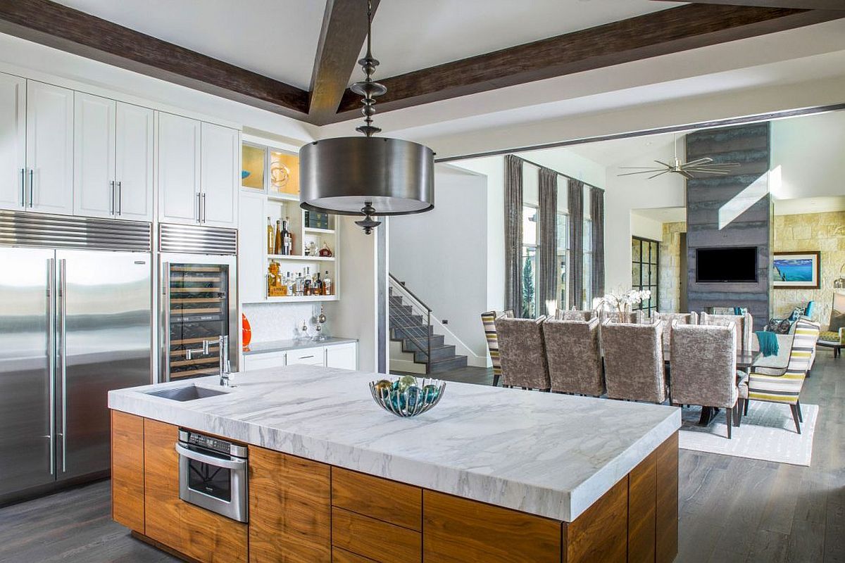 Wooden kitchen island with marble top for the ergonomic modern kitchen