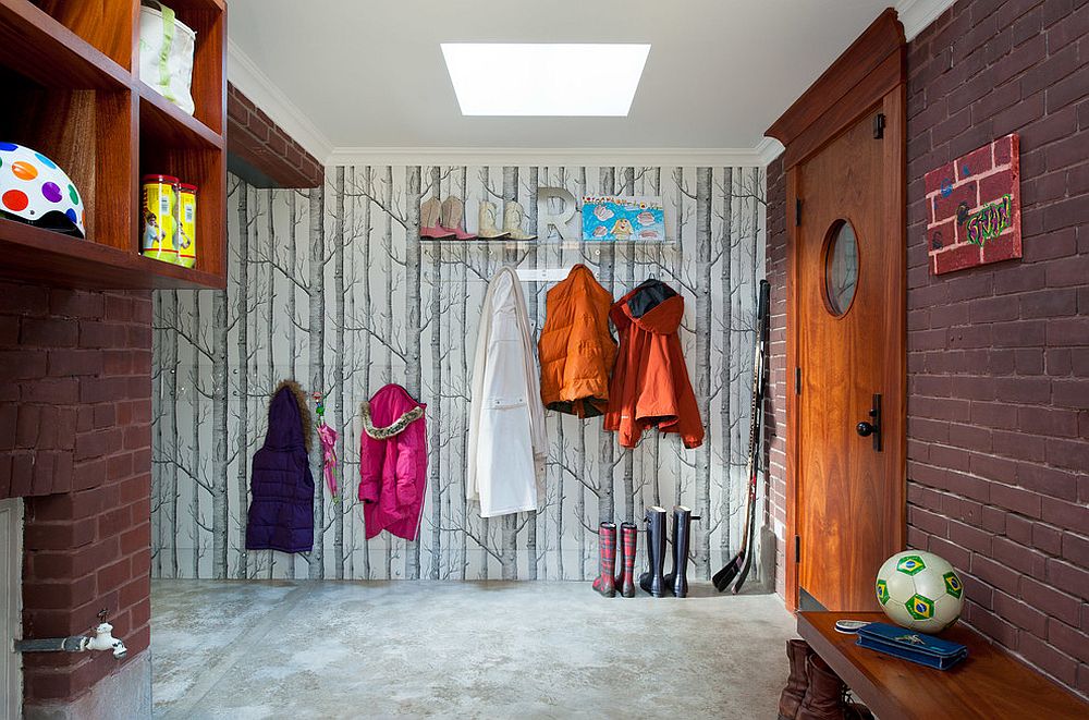 Woods Wallpaper for the eclectic entry and mudroom with skylight