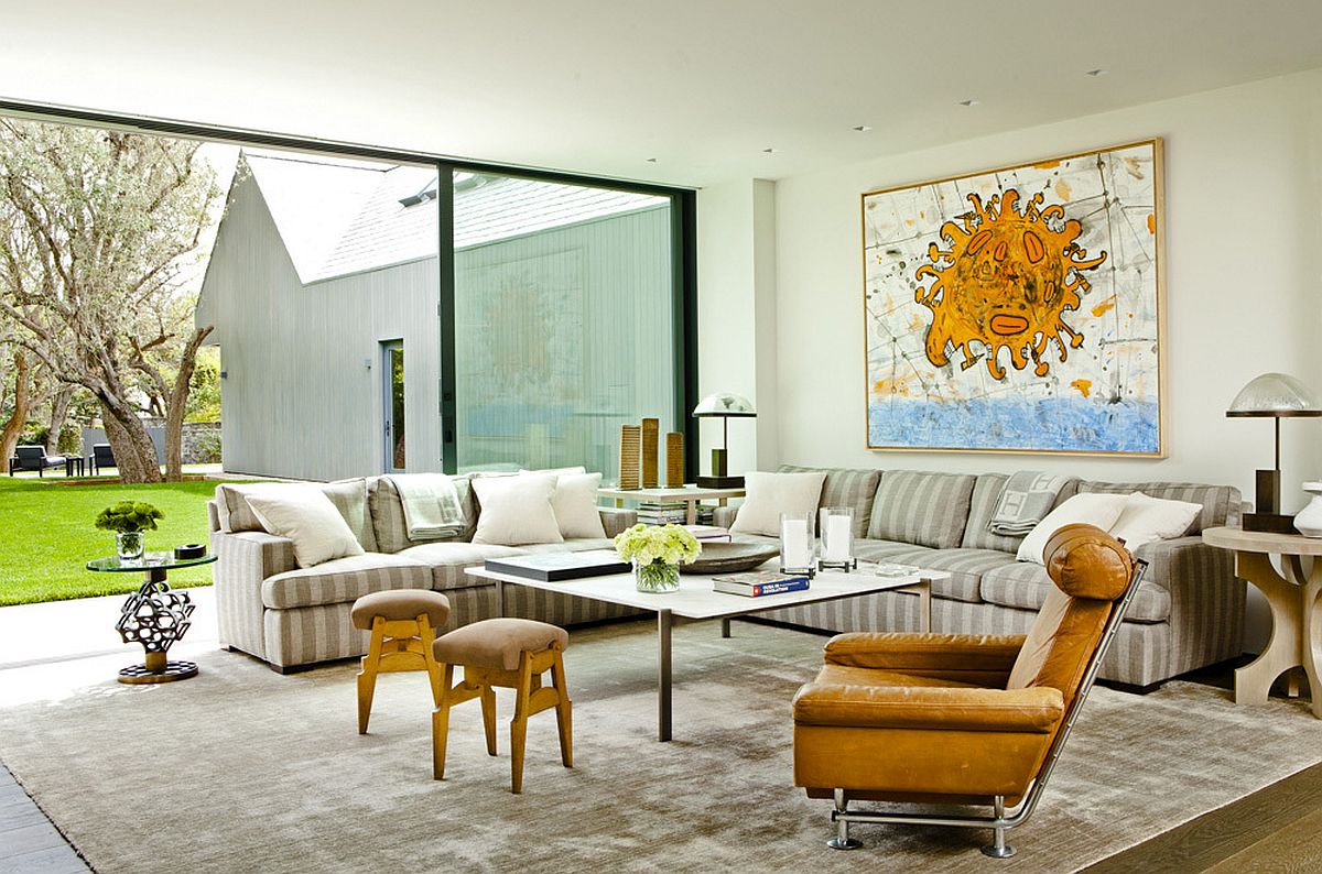 A touch of color enlivens the beautiful family room connected with the garden