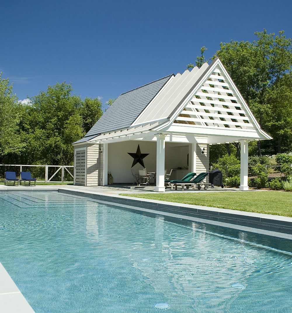 Beach style and contemporary charm rolled into one inside the pool house