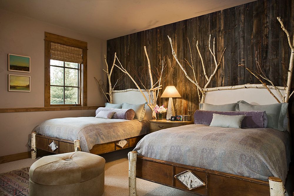 Birch wood and reclaimed wood wall are perfect for the comfy rustic bedroom [Design: Locati Architects / Roger Wade Studio]