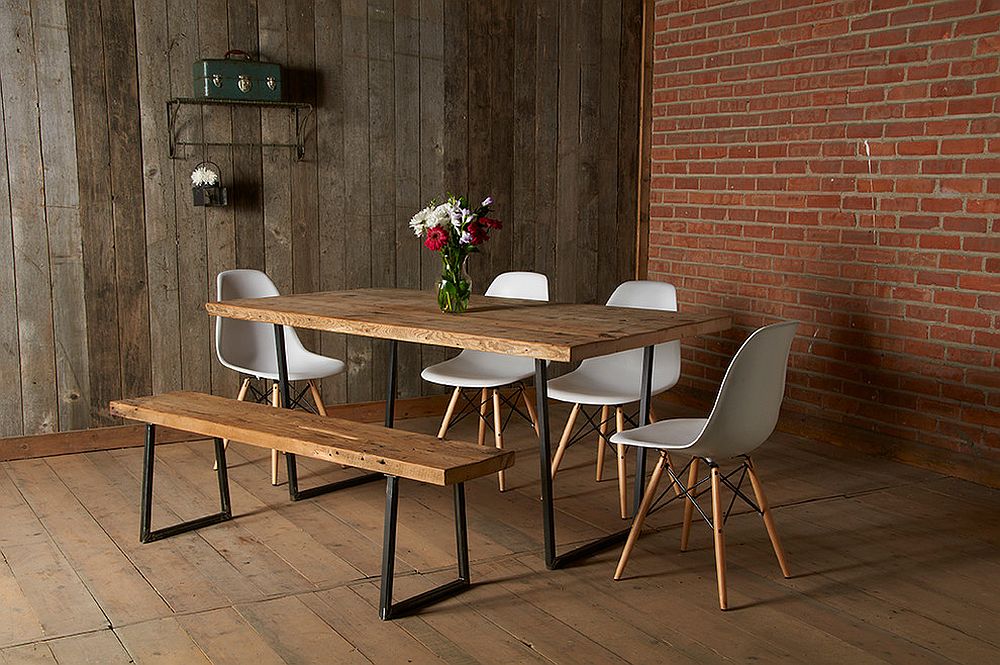 Brick and reclaimed wood brought together in the modern dining room