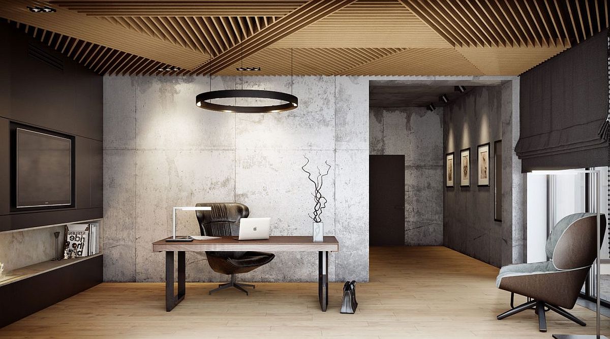 Ceiling in wood draws inspiration from the dining room wall