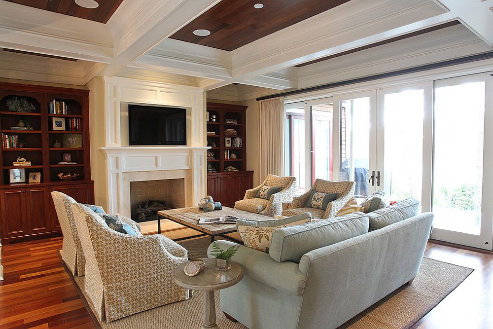 Coffered ceiling gives the beach style home theater a unique look