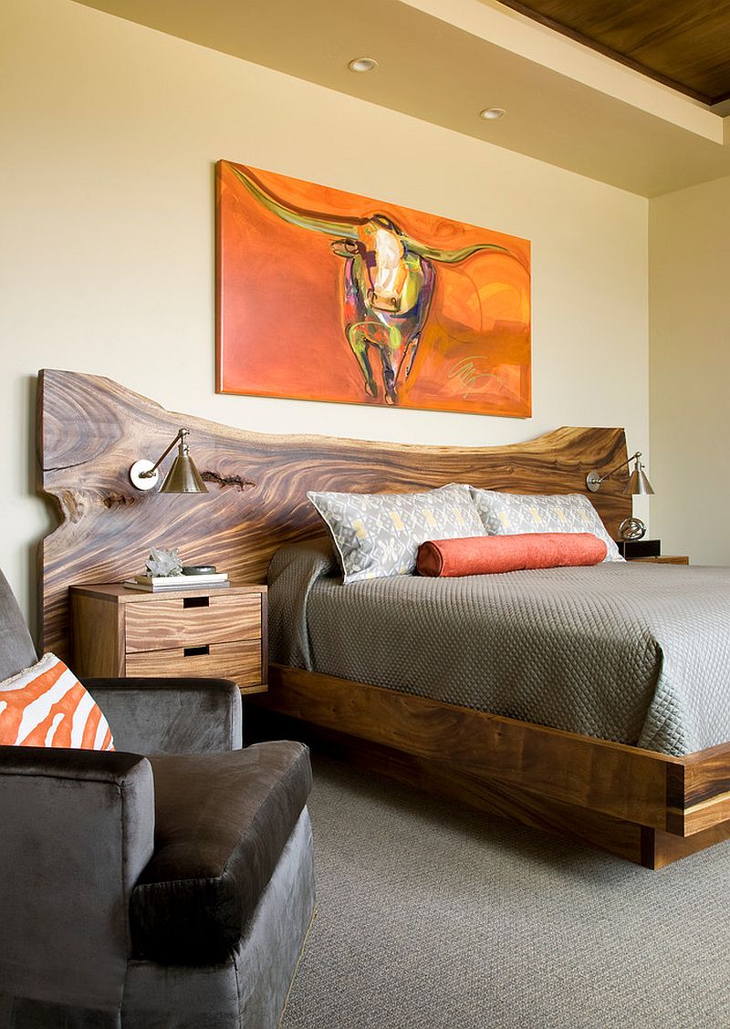 Custom bed with live-edge headboard for the rustic bedroom [Design: Design House, Inc]