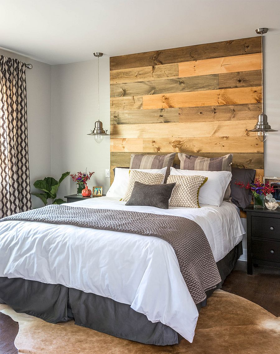 Elegant reclaimed wood headboard in the contemporary bedroom [Design: Carriage Lane Design-Build / Photography: Stephani Buchman]