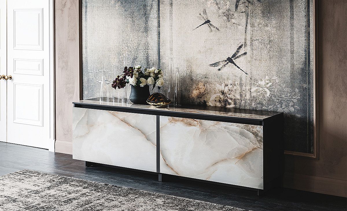 Elegant sideboard with sliding doors and insert and marble finish