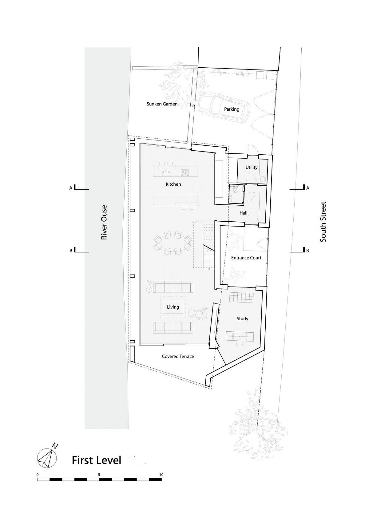 Floor plan of first level of house on river bank with concrete base level